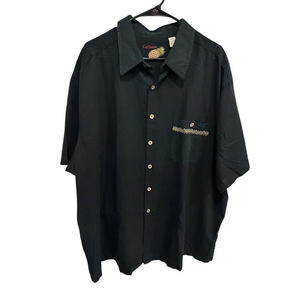 Caribbean Embroidered Cocktail Button Front Shirt Black Sz 3X Pineapple Tropical - Picture 2 of 10